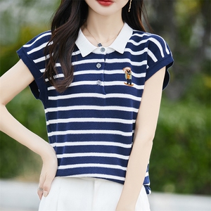 条纹短袖T恤女2025新款特大码女装夏季POLO领宽松薄款冰丝针织衫图片