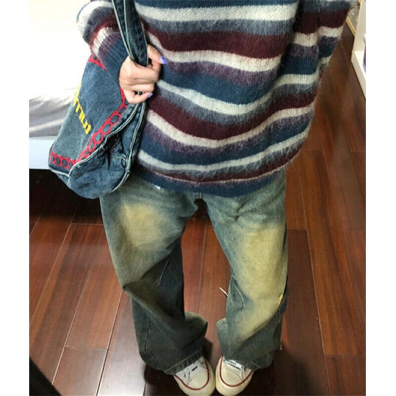 牛仔布运动复古水洗长裤牛仔裤高街vibe春秋多口袋潮中腰 N610图片
