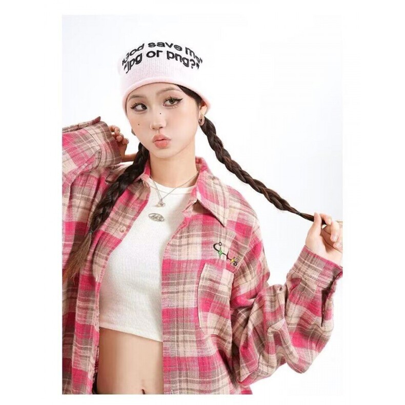 无品牌美式格子衬衫男女装长袖春秋季新款宽松毛边外套上衣2025年,男装衬衫,星座1210-1
