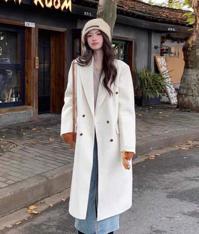 韩版气质西装款白色双面羊绒大衣简约百搭,女装羊绒大衣,依嘟服饰