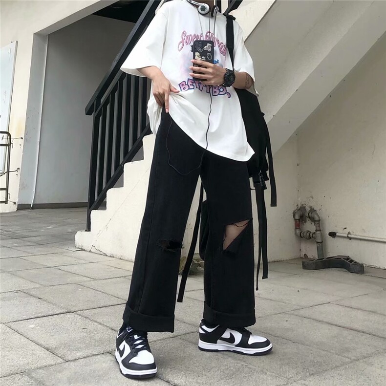 ins百搭暗黑高街膝盖破洞阔腿裤休闲宽松牛仔裤男女`Nk60-p40,男装牛仔裤,星座601-2