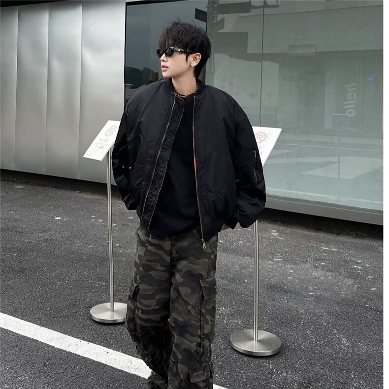 美式飞行员棉服夹克短宽廓形军绿色工装外套男秋冬棒球服,男装夹克,星座506