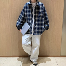 潮牌美式休闲工装格子衬衫男日系痞百搭衬衣复古薄外套C4501-P35，男装衬衫，星座1001-1