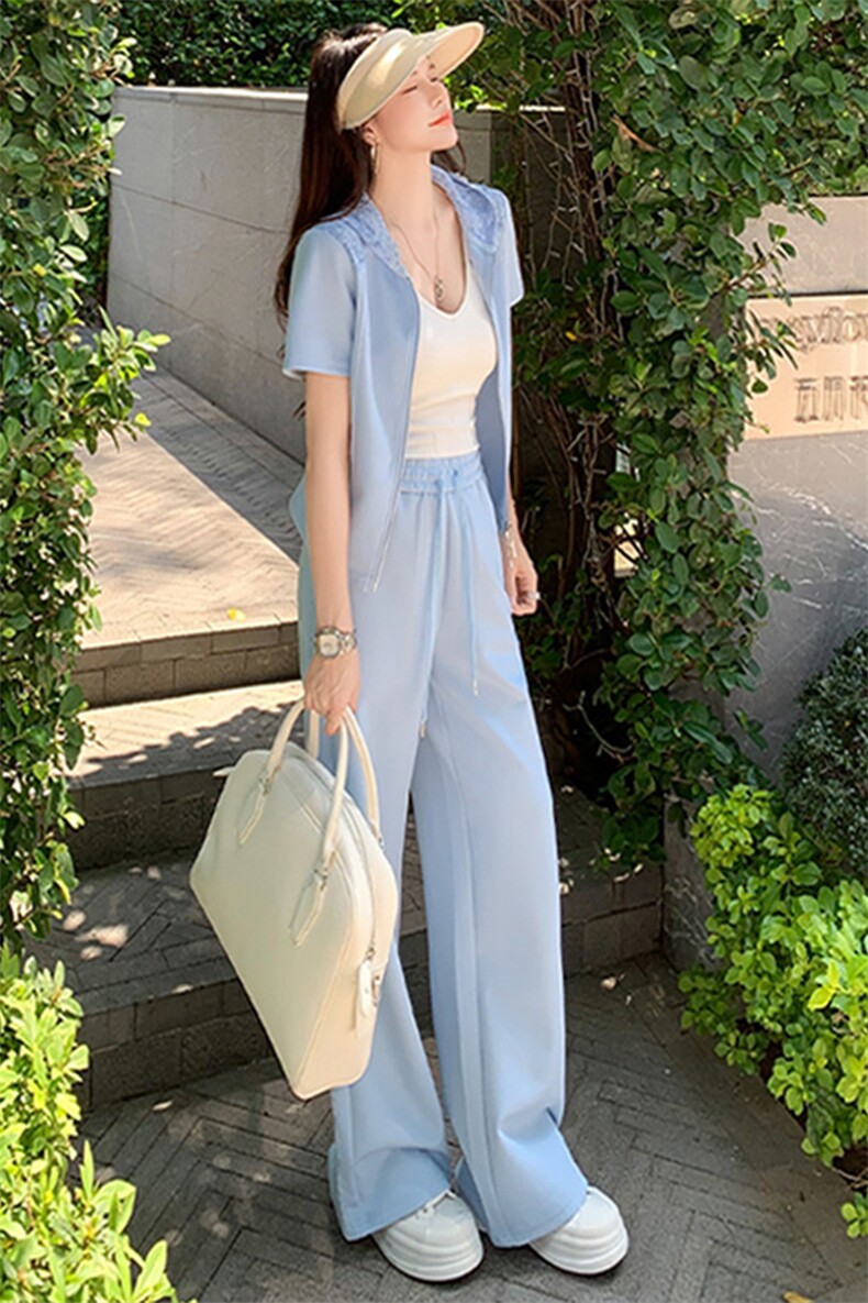 港风休闲时尚套装女夏季新款高级感显瘦连帽卫衣阔腿裤运动两件套,女装套装/套裙,2C310