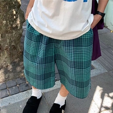 日系街头蓝格子短裤男宽松直筒夏季百搭五分裤子ins美式腿中裤，男装牛仔裤，四季星座505