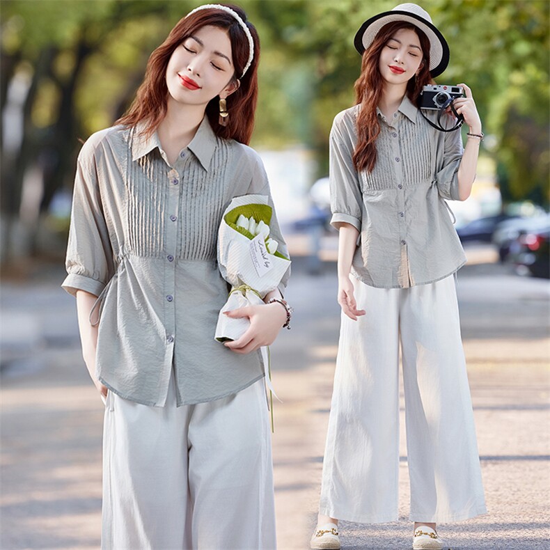 棉麻衬衫阔腿裤套装女夏季2025新款洋气减龄时尚搭配一整套两件套，女装套装/套裙，水衣源