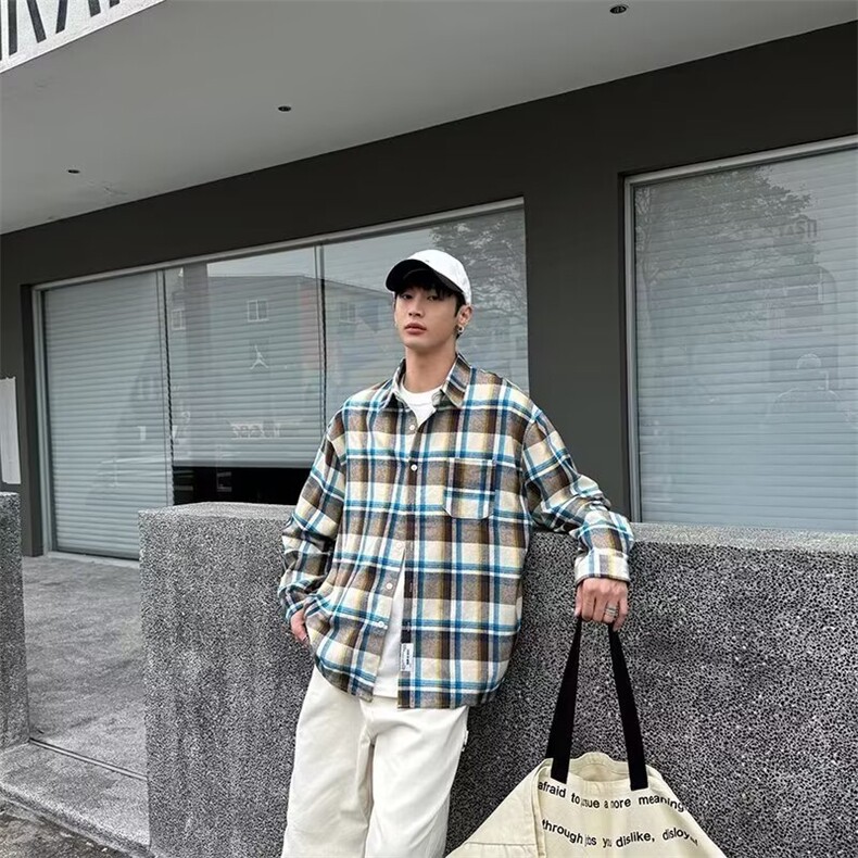1506/QC520/P44复古长袖格子衬衫男2026新款秋季休闲衬衣,男装衬衫,星座1506