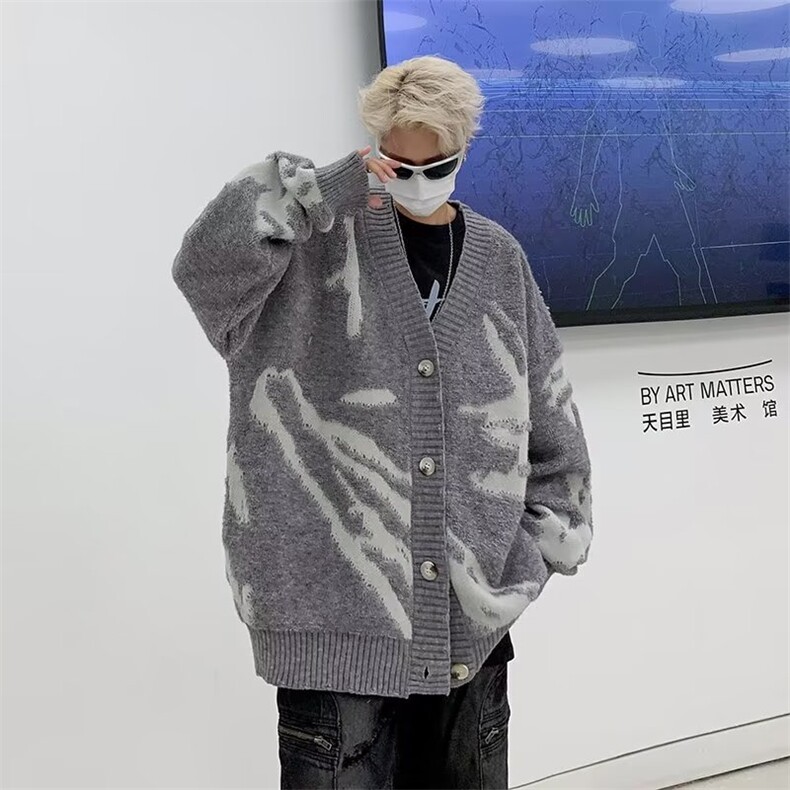美式植绒开衫毛衣针织衫男秋装宽松高街嘻哈外套V领MZ040-P52,男装针织衫/毛衣,星座412-3