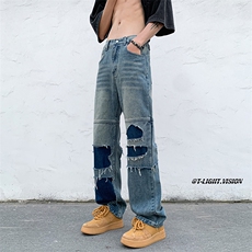 B221美式ins高街暗黑小众撞色破洞直筒牛仔裤LK23109-P65控88，男装牛仔裤，电商B221