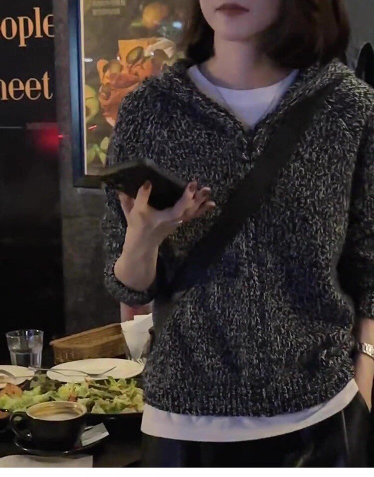 2025年秋季黑芝麻连帽开衫时尚百搭通勤简约休闲，女装羊毛衫，珍珑羊绒