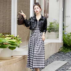 时尚洋气套装裙2025春秋季新款吊带格子连衣裙女小皮衣外套两件套，女装套装/套裙，采品优优