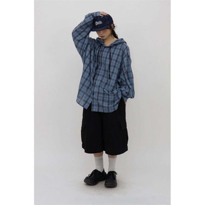 长袖连帽格子衬衫男女款春复古格纹休闲慵懒情侣衬衣特价35,女装衬衫,星座710