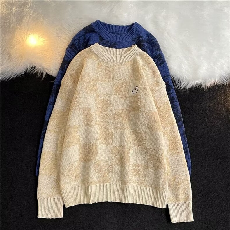 格子毛衣男女秋冬复古奶系软糯显白休闲百搭情侣针织衫M553-P45,男装针织衫/毛衣,星座1008