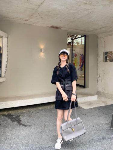 双口袋拼接连衣裙带腰带，女装连衣裙，Queena PHoebe