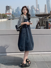 春现减龄简约花苞裙牛仔灯笼裙套装B190-F8707-P105-K158-T40-k1，女装套装/套裙，2B190
