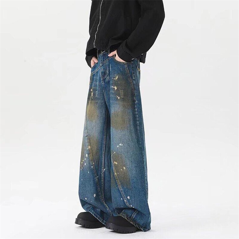 解构脏染泼墨牛仔裤男小众设计感高街拖地做旧阔腿长裤RK2441-P58，男装牛仔裤，星座412-3