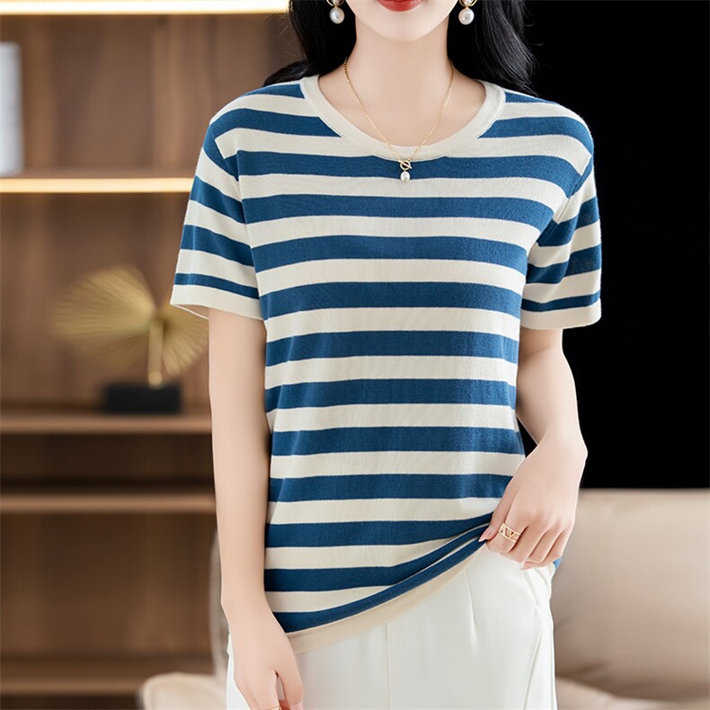 2024夏季新款减龄撞色条纹圆领冰丝针织衫短袖T恤上衣，女装针织衫/毛衣，阁惠羊绒