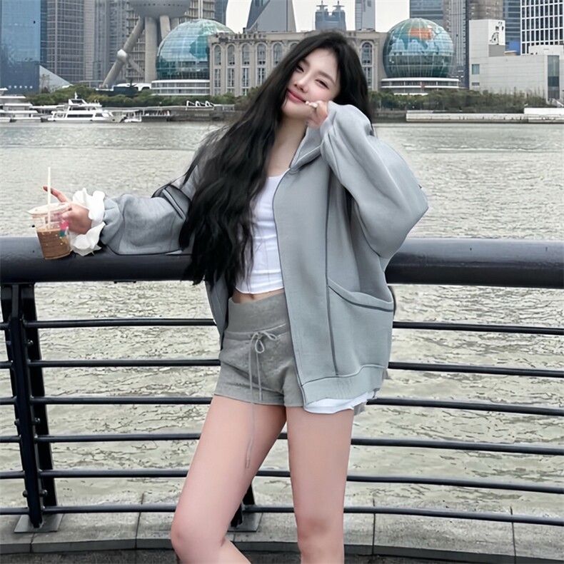抖音得物高品质秋冬美式高街重磅结构辑明线纹理连帽卫衣外套W111,女装短外套,电商A486-1
