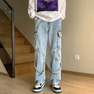 美式vibe裤子ins高街潮牌绑带牛仔裤男直筒拉链工装裤K3261-P57图片