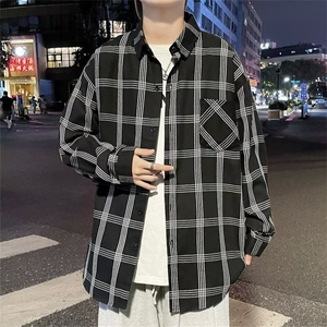 格子衬衫男春秋薄款高级感衬衣港风痞帅复古宽松免烫外套G034/P34图片