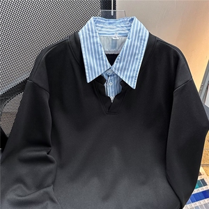 潮流新款秋季美式假两件格子拼翻领休闲卫衣男女同款POLO领卫衣潮,超a黑色西装搭配图片