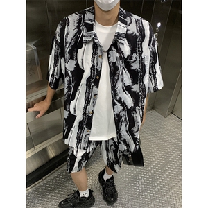 沙滩花衬衫套装男夏季薄款慵懒风五分袖短袖t恤大码外穿阔腿短裤图片