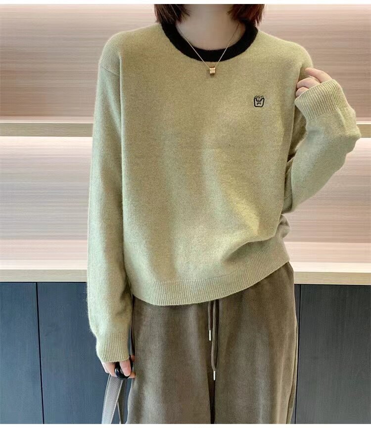 时尚百搭拼色刺绣圆领针织衫女春秋宽松毛衣撞色羊毛打底衫,针织衫/毛衣,半城羊绒
