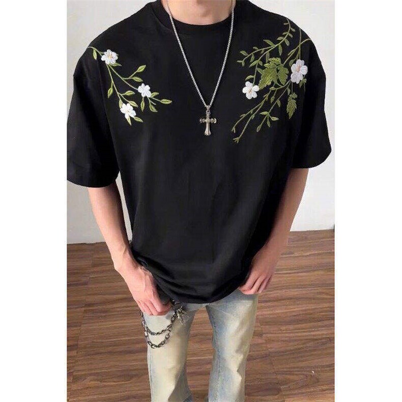 现货花卉花刺绣短袖t恤男女夏季宽松重磅情侣半袖LD26599-p43,男装T恤,星座1008