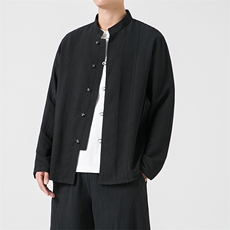 T819^秋季男士长袖衬衫风盘扣唐装复古中式立领中山装衬衣，男装衬衫，钱塘777(原3023)