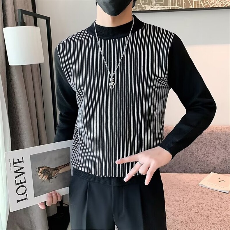 半高领毛衣男秋冬季条纹打底针织衫2024新男装上衣外套 M842图片