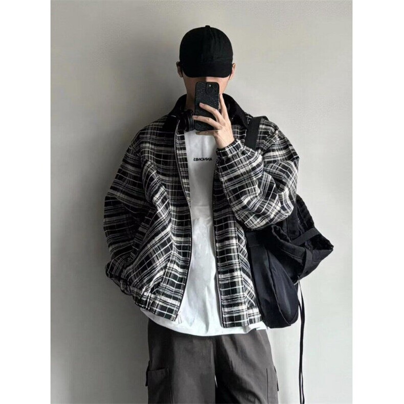 春秋时尚千鸟格夹克男女情侣百搭潮牌工装外套男美式复古格纹上衣图片