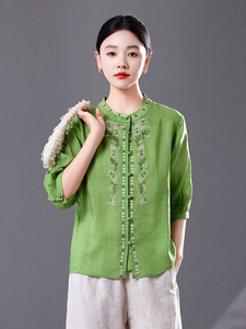 时尚刺绣苎麻衬衫女2025年夏季新款宽松大码中年妈妈减龄薄款上衣图片