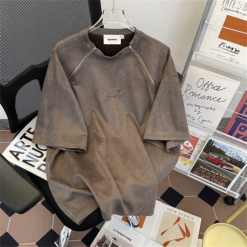 2024夏季新款港风美式麂皮绒双肩拉链套头圆领短袖T恤ZX448-P35,男装T恤,星座313A(原308A-2)