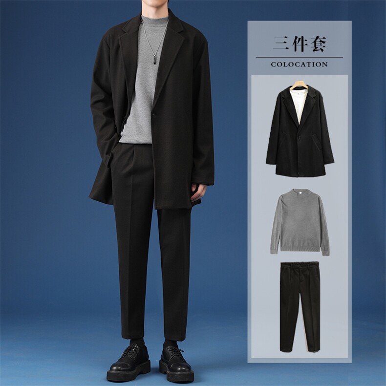 秋冬新款毛呢男士轻熟风学院风三件套潮牌港风韩版潮流毛呢套装，男装西服套装，星座505-2（原电商A260-1)