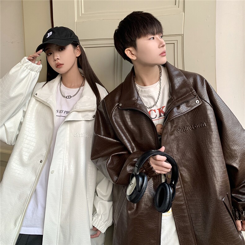1港风钢印夹克大码M-5XL鳄鱼纹情侣女皮衣外套男JK8749P90控128图片