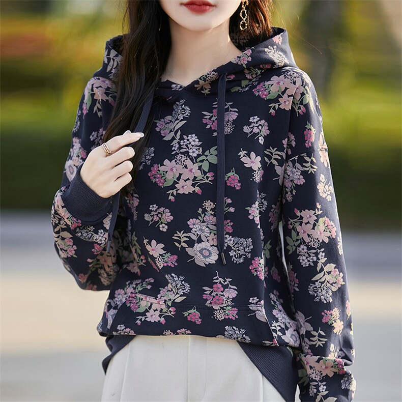 2024秋冬新款百搭休闲连帽碎花加绒卫衣女时尚加厚宽松打底衫上衣,女装卫衣/绒衫,佳绒高端店