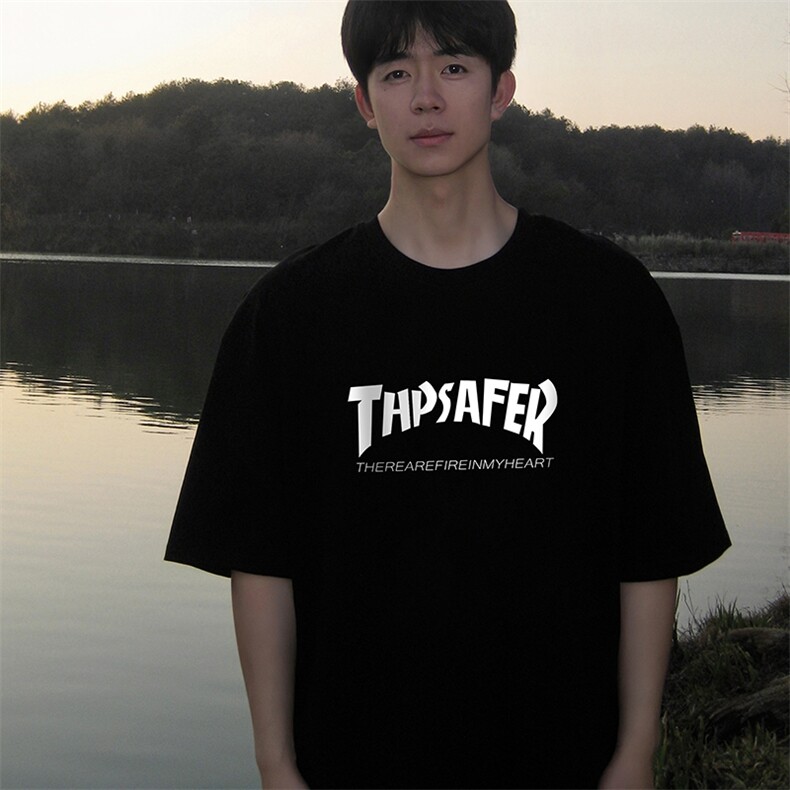 青少年t恤短袖男潮牌潮流美式复古七分袖体恤大码宽松半袖打底衫图片