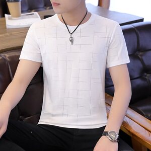 夏季短袖男T恤条纹镂空薄卫衣男圆领修身透气冰丝打底T9502图片