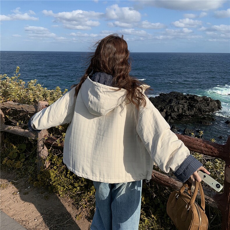 米白色复古格纹拼接连帽夹棉外套女2025韩系宽松休闲加厚保暖上衣,女装棉衣/棉服,2C326