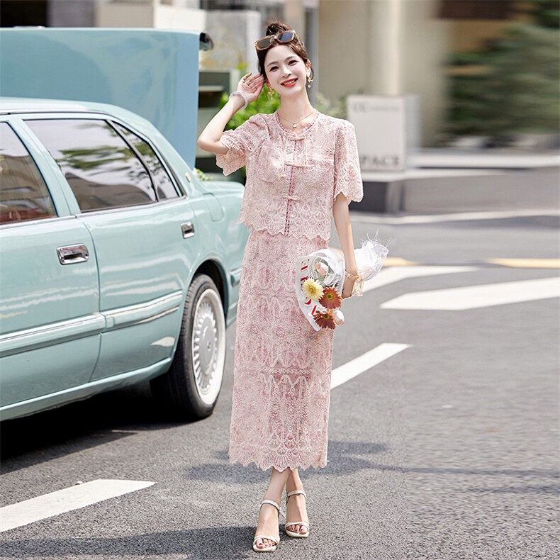 蕾丝半身裙小香风套装女夏短袖上衣两件套,女装套装/套裙,曼慕纤衣