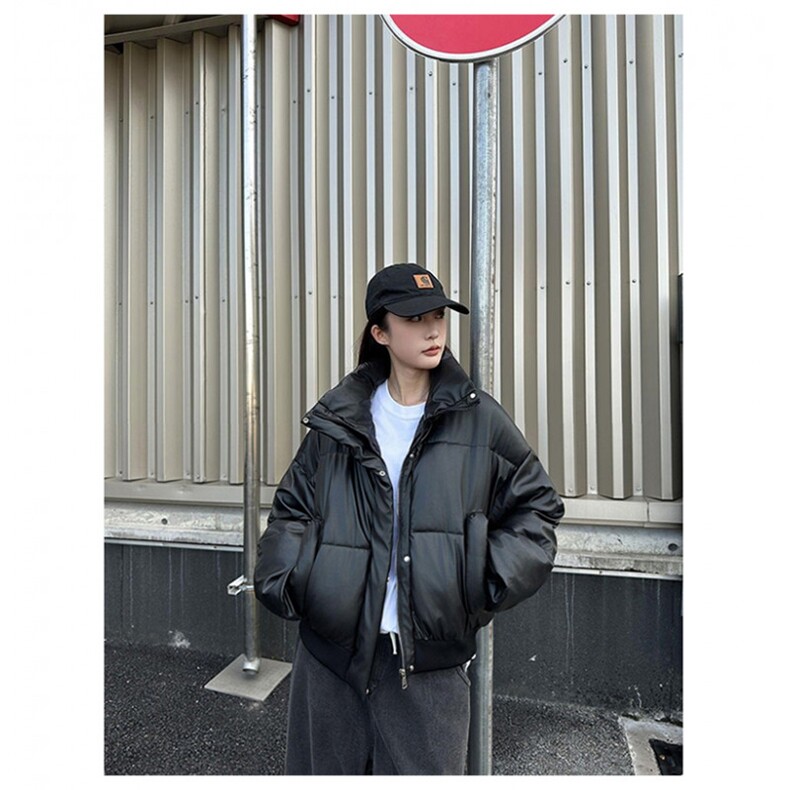 现货5W件冬季三防重磅硬挺boxy短款羽绒立领PU皮棉衣外套加厚棉服,男装棉衣,电商A486-1