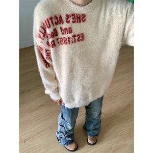 美式街头植绒字母圆领毛衣男女秋冬慵懒情侣百搭针织衫M9525-P52