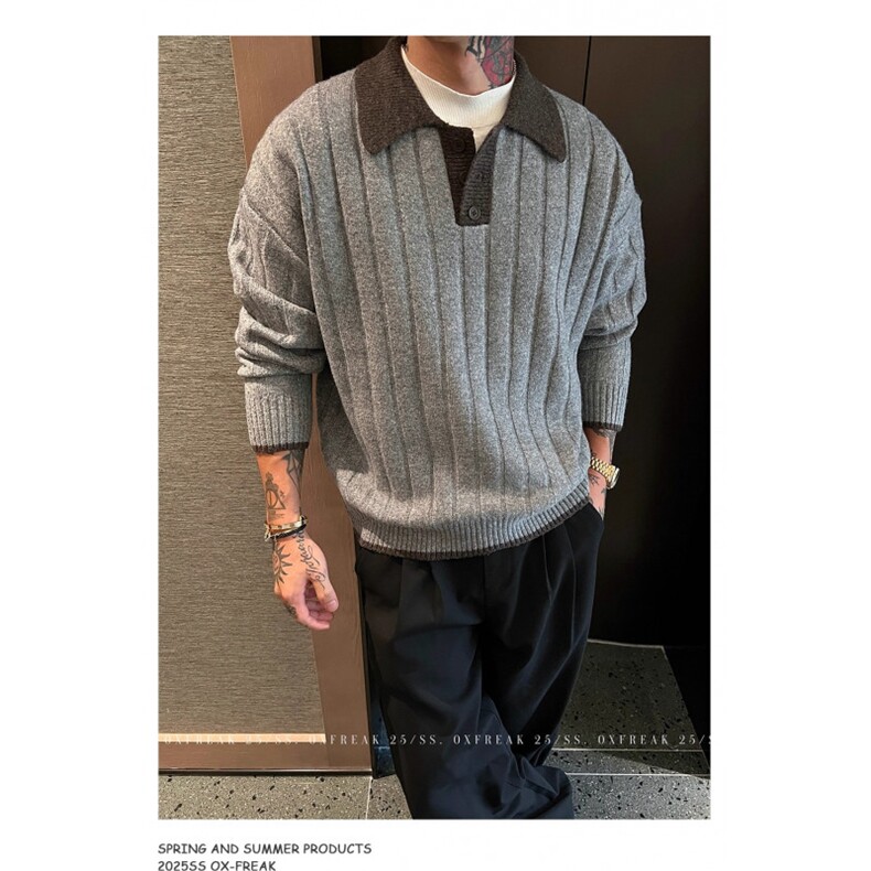 MM521-P60老钱风假两件撞色百搭POLO领针织毛衣,男装针织衫/毛衣,星座617A-2