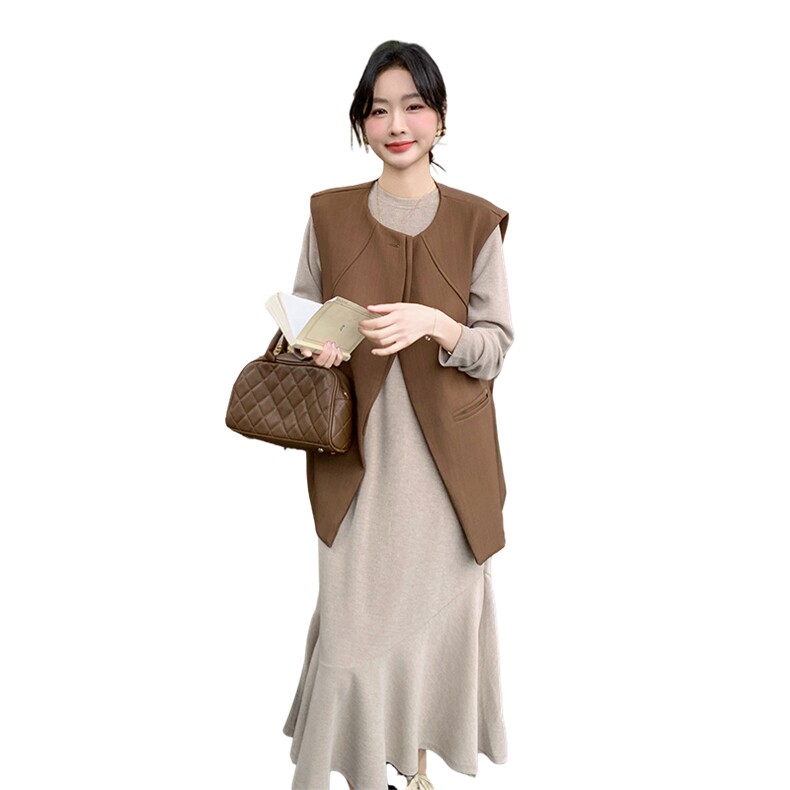 卡其色休闲减龄连衣裙套装女2025春季新款韩版显瘦马甲长裙两件套,女装套装/套裙,2C115