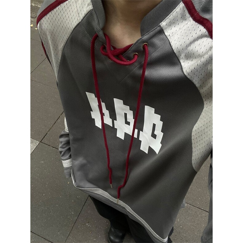 穿绳透气网拼接球衣长袖T恤男女秋季宽松运动骑行上衣 WE14图片