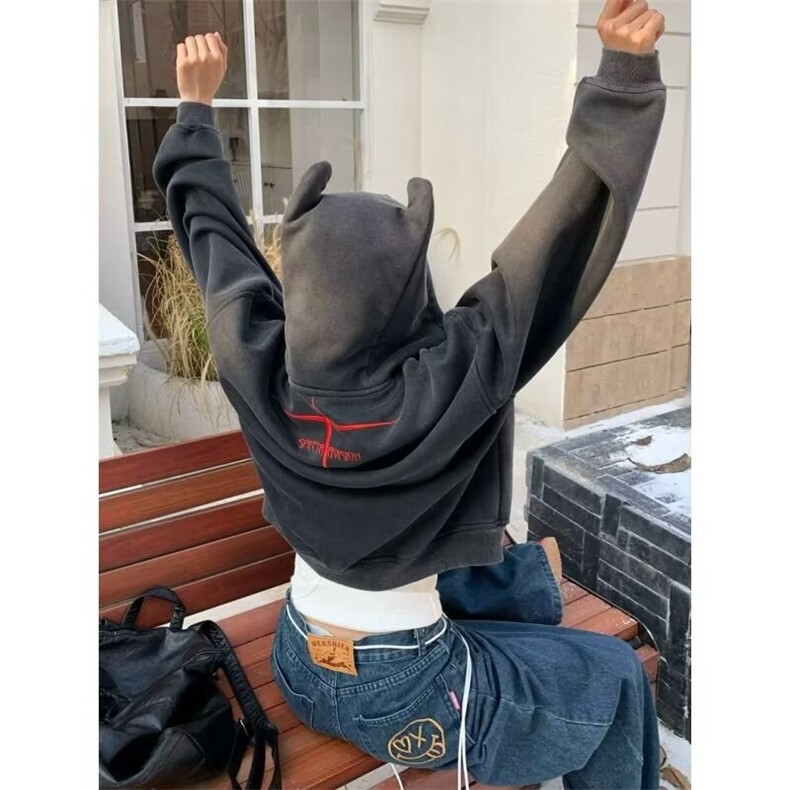 美式重磅街头水洗连帽卫衣男女潮牌秋季新款小恶魔设计感开衫外套,女装短外套,四季星座505