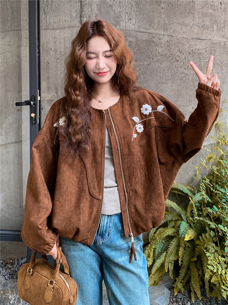 咖色刺绣麂皮绒外套女2025秋季新款超好看复古宽松小个子圆领上衣,女装短外套,浙宝101