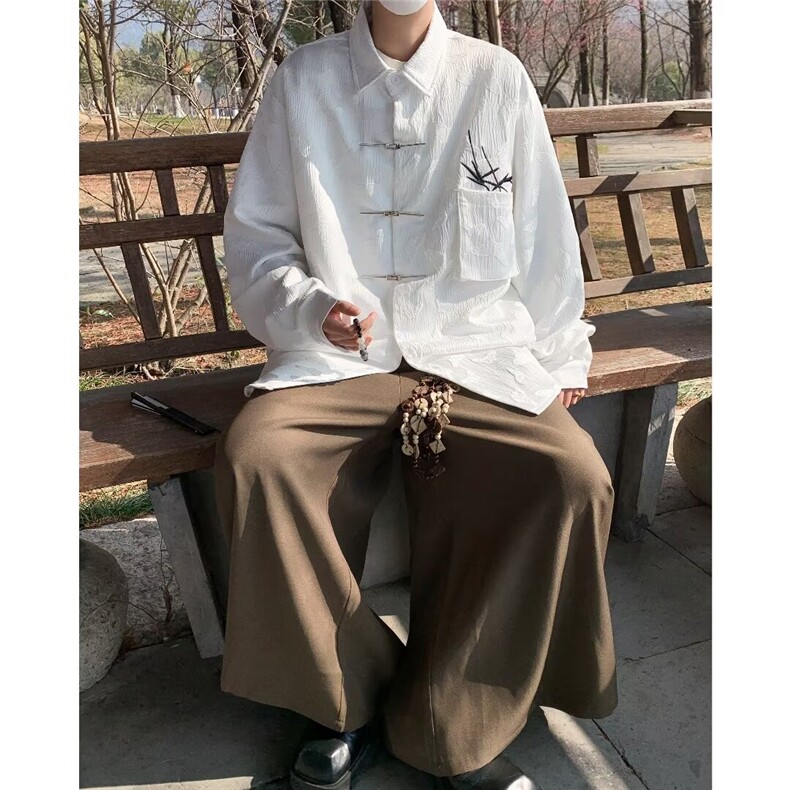 新潮小众气质提花高级感衬衫男女改良款复古唐装衬衣金属盘扣,男装衬衫,星座601-2