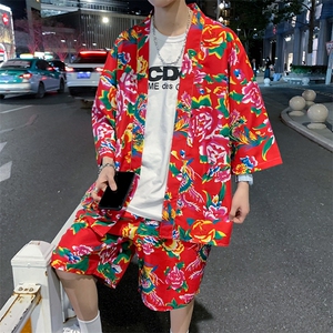 TZ1805男士休闲披肩短裤套装风东北大花大码风衣衬衫夏休闲图片