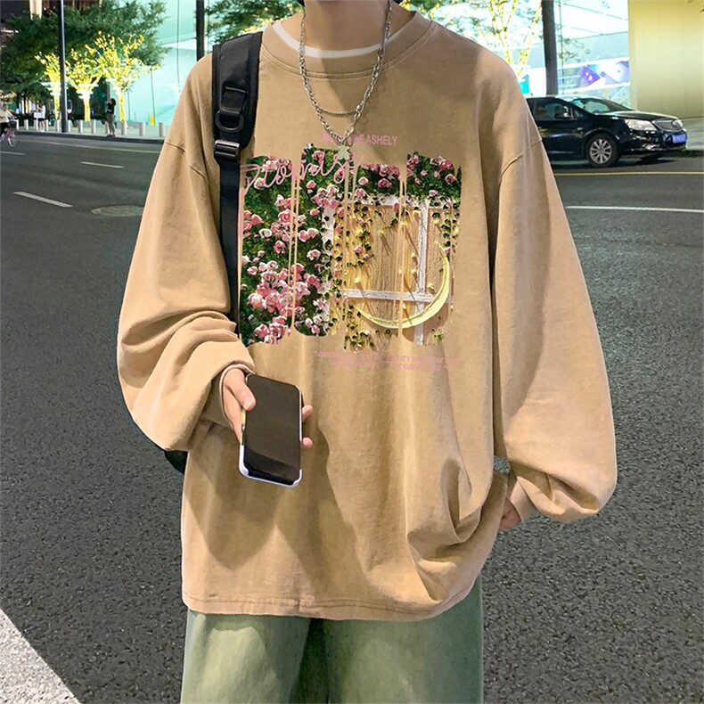 直播品质重磅纯棉美式蜡染水洗做旧潮牌宽松长袖t恤CT365特P38,男装T恤,电商A486